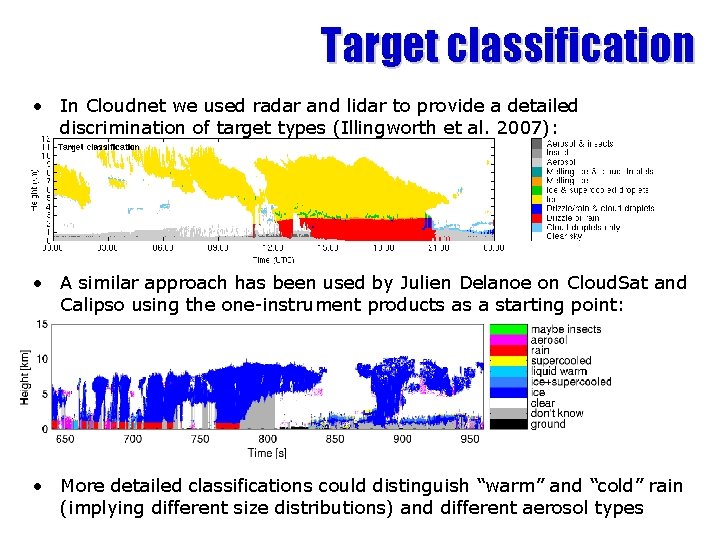 Target classification • In Cloudnet we used radar and lidar to provide a detailed