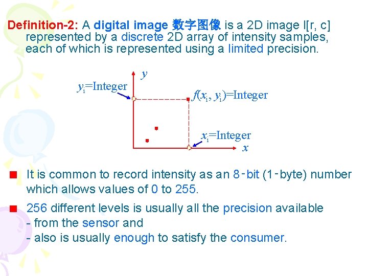 Definition-2: A digital image 数字图像 is a 2 D image I[r, c] represented by