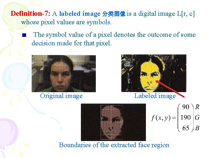 Definition-7: A labeled image 分类图像 is a digital image L[r, c] whose pixel values