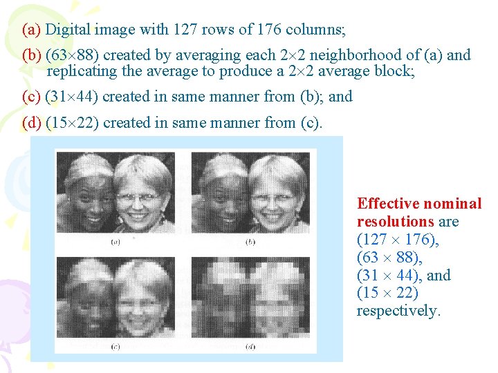 (a) Digital image with 127 rows of 176 columns; (b) (63 88) created by