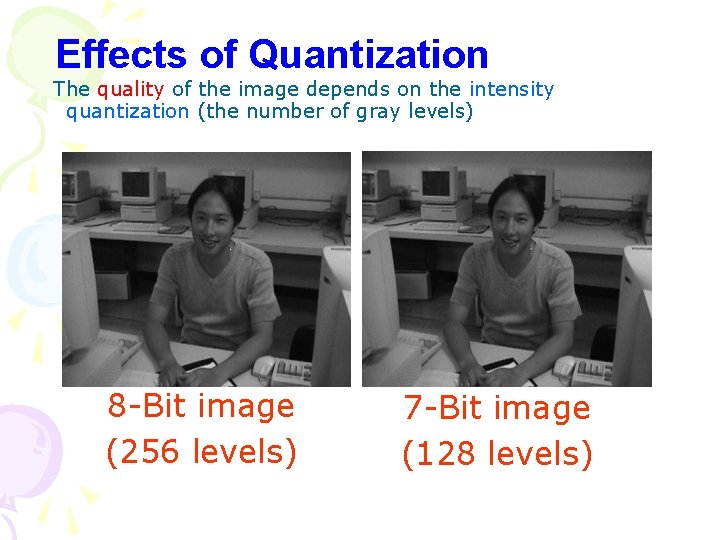 Effects of Quantization The quality of the image depends on the intensity quantization (the