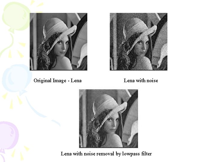 Original Image - Lena with noise removal by lowpass filter 