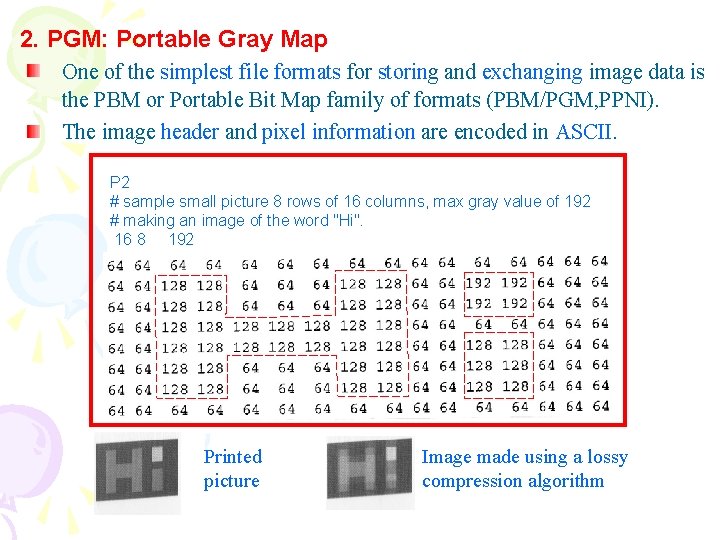 2. PGM: Portable Gray Map One of the simplest file formats for storing and