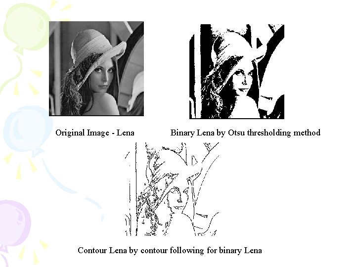 Original Image - Lena Binary Lena by Otsu thresholding method Contour Lena by contour