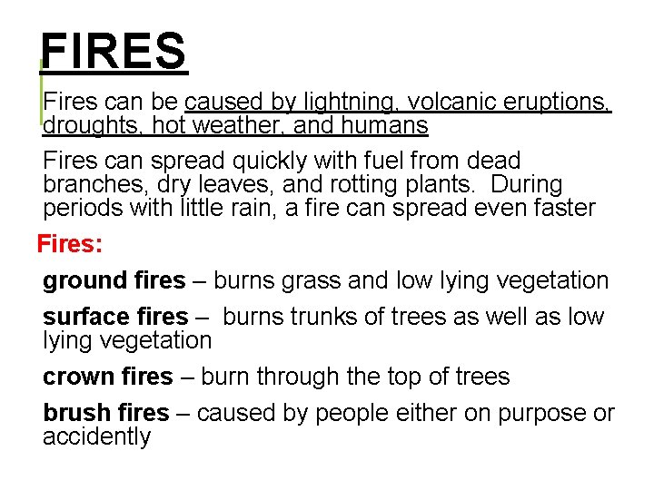 FIRES Fires can be caused by lightning, volcanic eruptions, droughts, hot weather, and humans