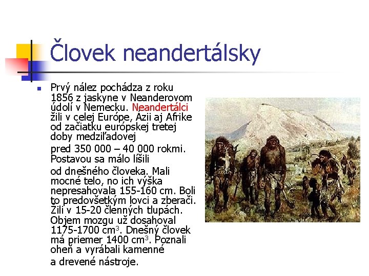 Človek neandertálsky n Prvý nález pochádza z roku 1856 z jaskyne v Neanderovom údolí