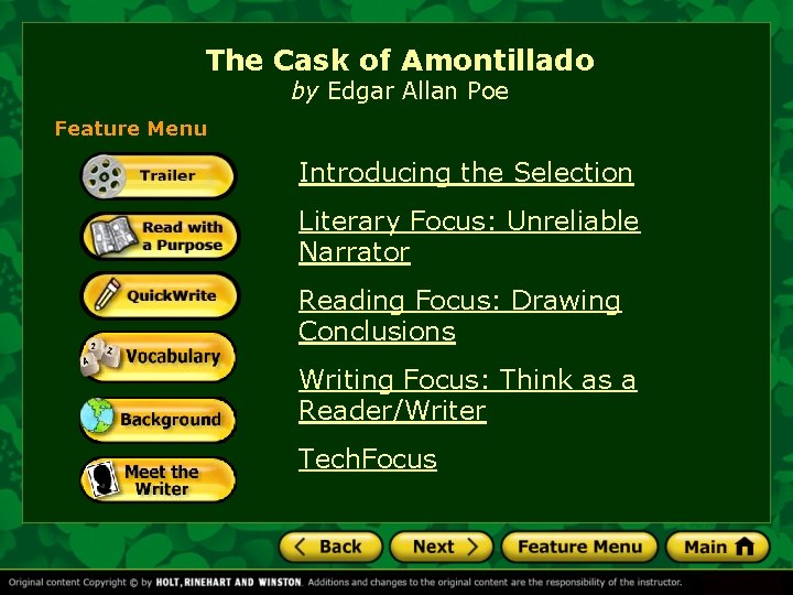 The Cask of Amontillado by Edgar Allan Poe Feature Menu Introducing the Selection Literary