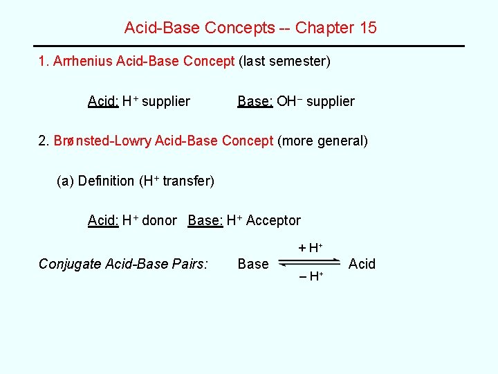 Acid-Base Concepts -- Chapter 15 1. Arrhenius Acid-Base Concept (last semester) Acid: H+ supplier