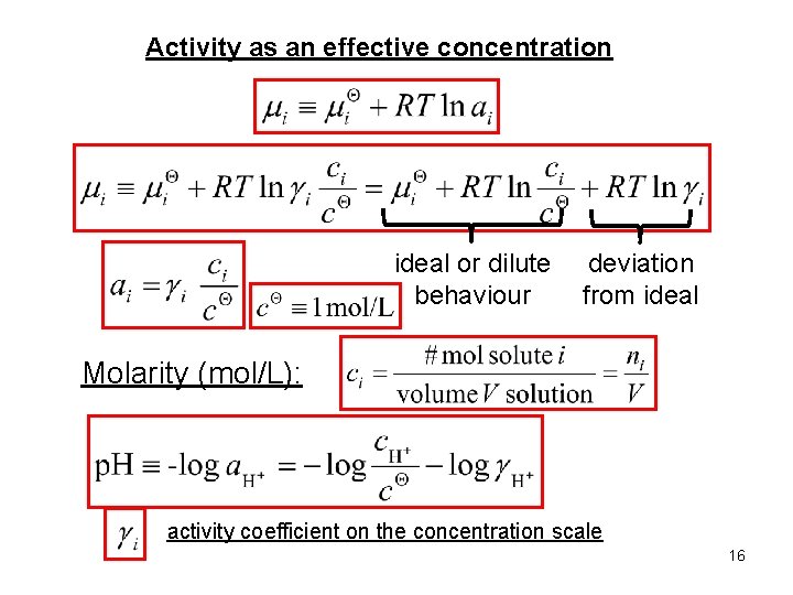 Activity as an effective concentration ideal or dilute behaviour deviation from ideal Molarity (mol/L):