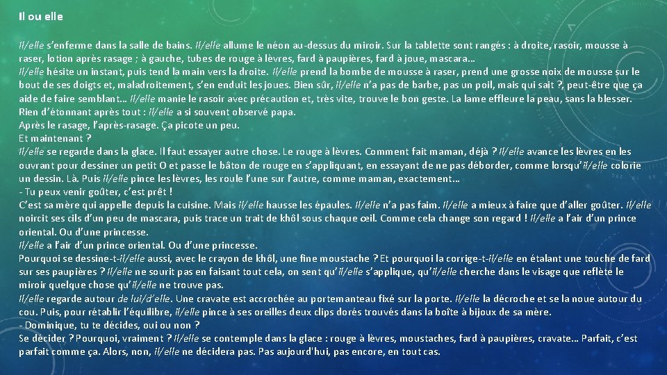 Il ou elle Il/elle s’enferme dans la salle de bains. Il/elle allume le néon