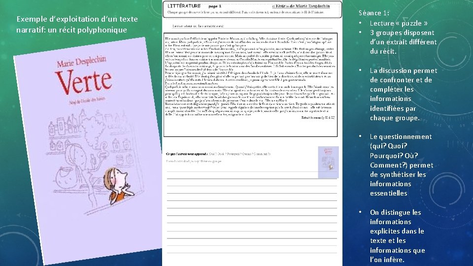 Exemple d’exploitation d’un texte narratif: un récit polyphonique Séance 1: • Lecture « puzzle