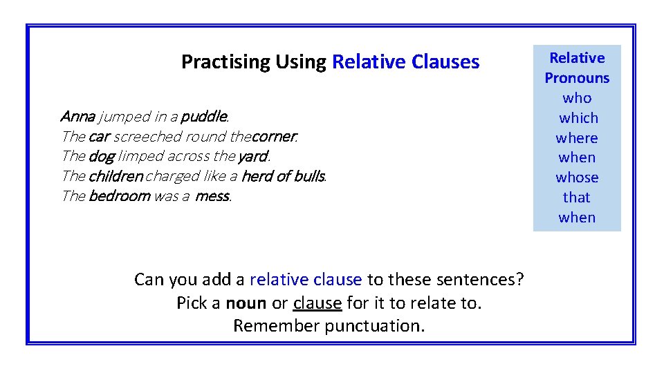 Practising Using Relative Clauses Anna jumped in a puddle. The car screeched round thecorner.