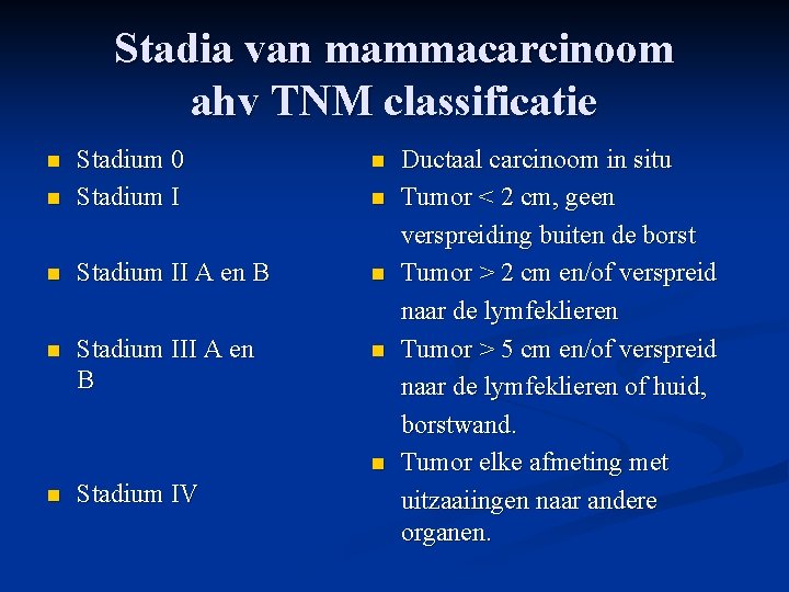 Stadia van mammacarcinoom ahv TNM classificatie n n Stadium 0 Stadium I n Stadium