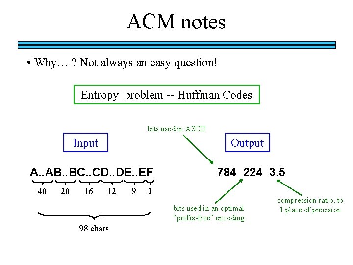 ACM notes • Why… ? Not always an easy question! Entropy problem -- Huffman ACM notes • Why… ? Not always an easy question! Entropy problem -- Huffman