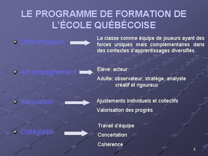 LE PROGRAMME DE FORMATION DE L’ÉCOLE QUÉBÉCOISE Différenciation La classe comme équipe de joueurs