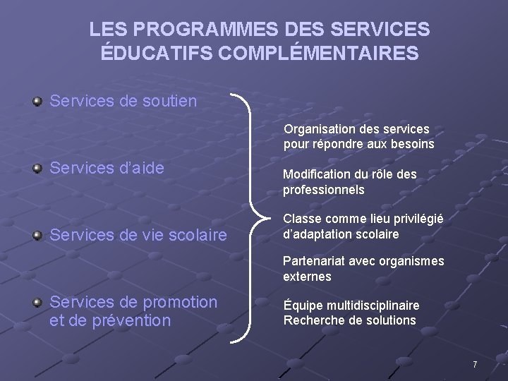 LES PROGRAMMES DES SERVICES ÉDUCATIFS COMPLÉMENTAIRES Services de soutien Organisation des services pour répondre