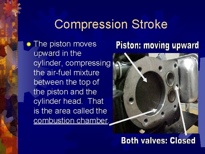Compression Stroke ® The piston moves upward in the cylinder, compressing the air-fuel mixture
