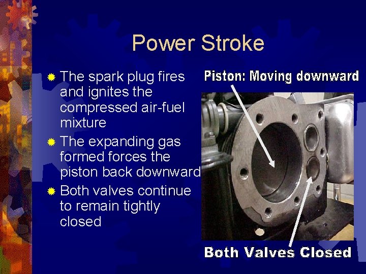 Power Stroke ® The spark plug fires and ignites the compressed air-fuel mixture ®