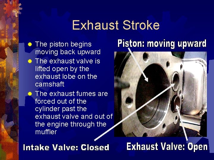 Exhaust Stroke The piston begins moving back upward ® The exhaust valve is lifted