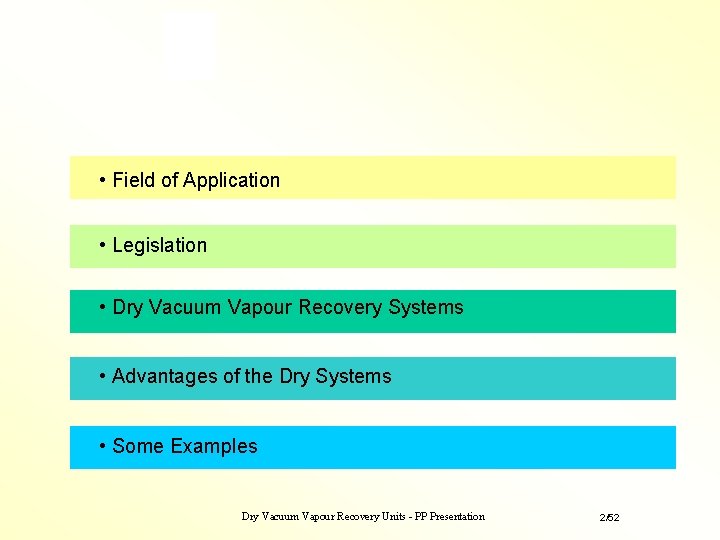 • Field of Application • Legislation • Dry Vacuum Vapour Recovery Systems • • Field of Application • Legislation • Dry Vacuum Vapour Recovery Systems •