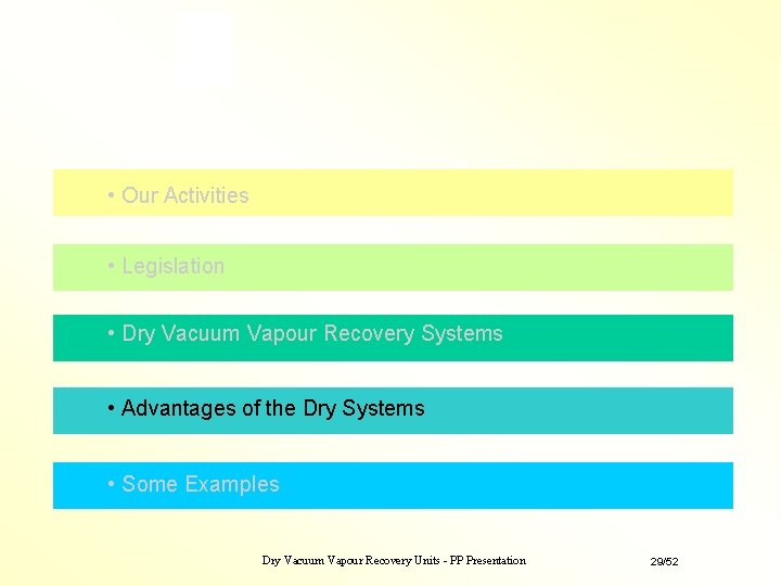 • Our Activities • Legislation • Dry Vacuum Vapour Recovery Systems • Advantages • Our Activities • Legislation • Dry Vacuum Vapour Recovery Systems • Advantages