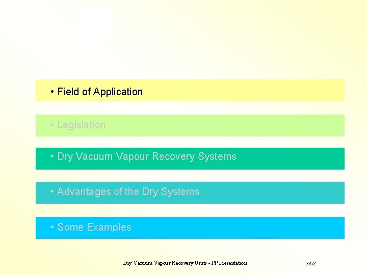 • Field of Application • Legislation • Dry Vacuum Vapour Recovery Systems • • Field of Application • Legislation • Dry Vacuum Vapour Recovery Systems •