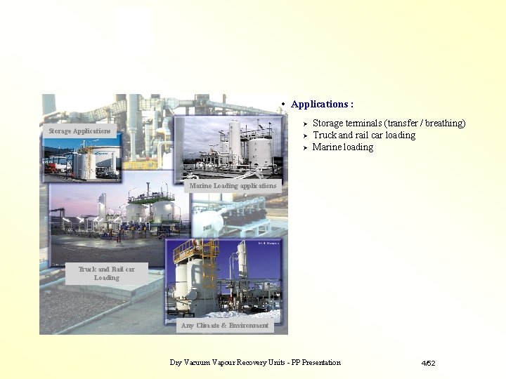 • Applications : Storage terminals (transfer / breathing) Storage Applications Truck and rail • Applications : Storage terminals (transfer / breathing) Storage Applications Truck and rail