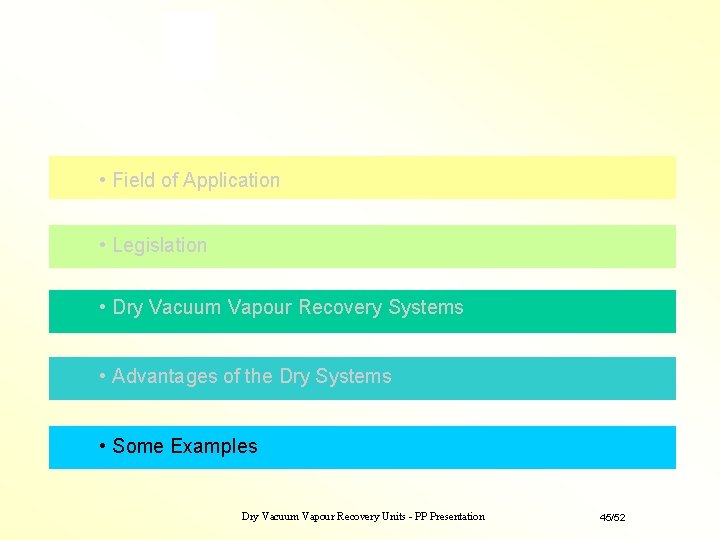 • Field of Application • Legislation • Dry Vacuum Vapour Recovery Systems • • Field of Application • Legislation • Dry Vacuum Vapour Recovery Systems •