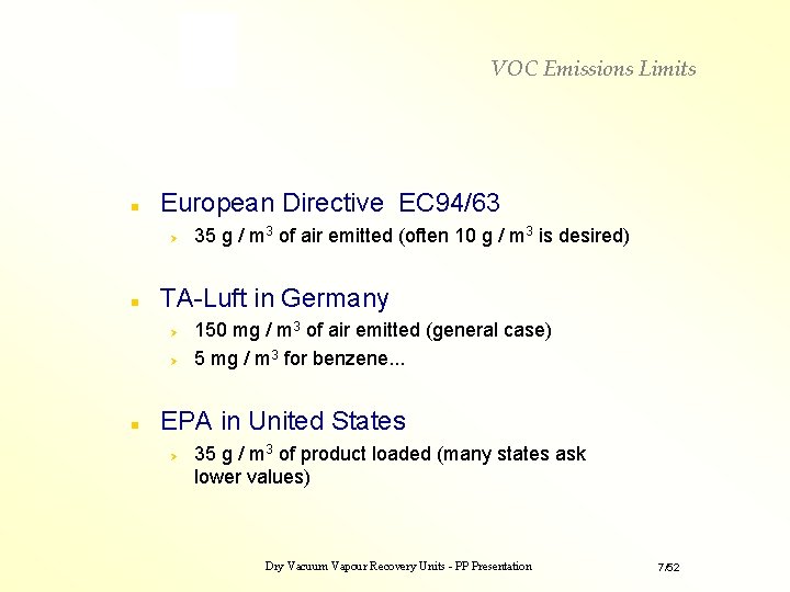 VOC Emissions Limits n European Directive EC 94/63 n TA-Luft in Germany n 35 VOC Emissions Limits n European Directive EC 94/63 n TA-Luft in Germany n 35