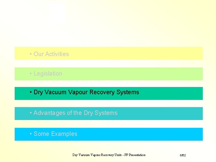 • Our Activities • Legislation • Dry Vacuum Vapour Recovery Systems • Advantages • Our Activities • Legislation • Dry Vacuum Vapour Recovery Systems • Advantages