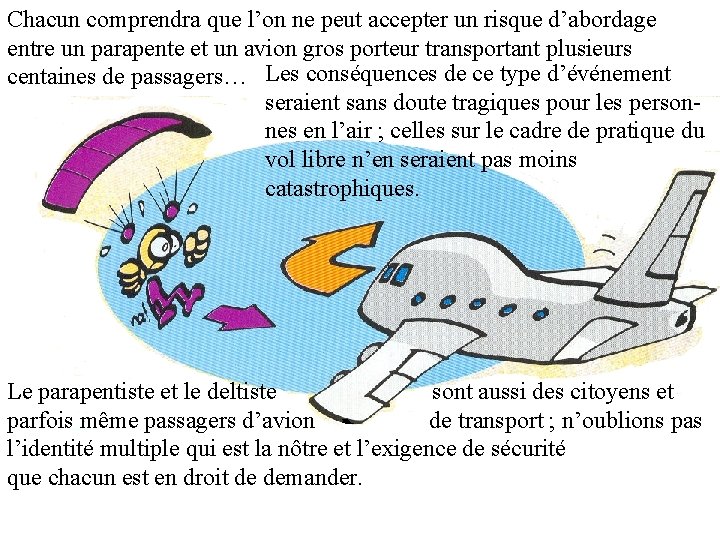 Chacun comprendra que l’on ne peut accepter un risque d’abordage entre un parapente et Chacun comprendra que l’on ne peut accepter un risque d’abordage entre un parapente et