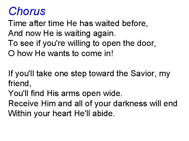 Chorus Time after time He has waited before, And now He is waiting again.