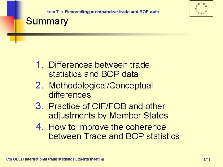 Item 7 -a Reconciling merchandise trade and BOP data Summary 1. Differences between trade