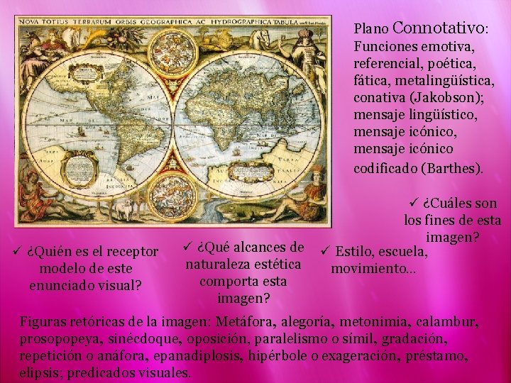 Plano Connotativo: Funciones emotiva, referencial, poética, fática, metalingüística, conativa (Jakobson); mensaje lingüístico, mensaje icónico