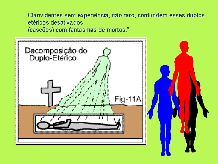 Clarividentes sem experiência, não raro, confundem esses duplos etéricos desativados (cascões) com fantasmas de