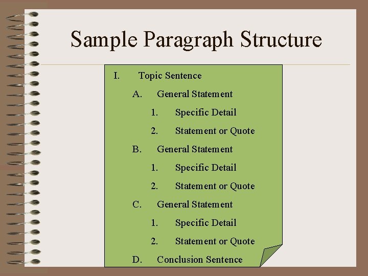 Sample Paragraph Structure I. Topic Sentence A. B. C. D. General Statement 1. Specific
