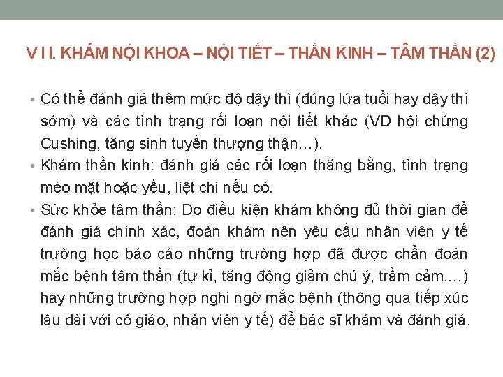 V I I. KHÁM NỘI KHOA – NỘI TIẾT – THẦN KINH – T