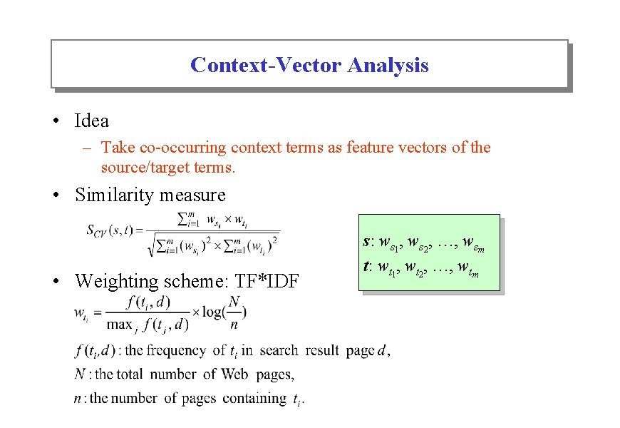 Context-Vector Analysis • Idea – Take co-occurring context terms as feature vectors of the