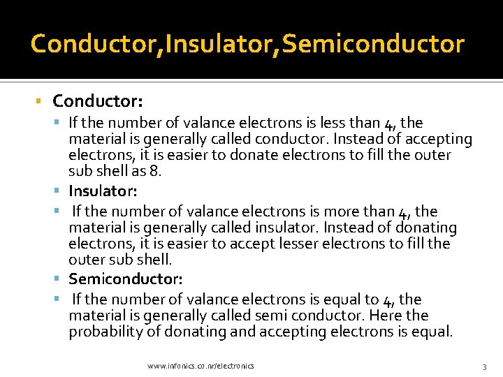 Conductor, Insulator, Semiconductor Conductor: If the number of valance electrons is less than 4,