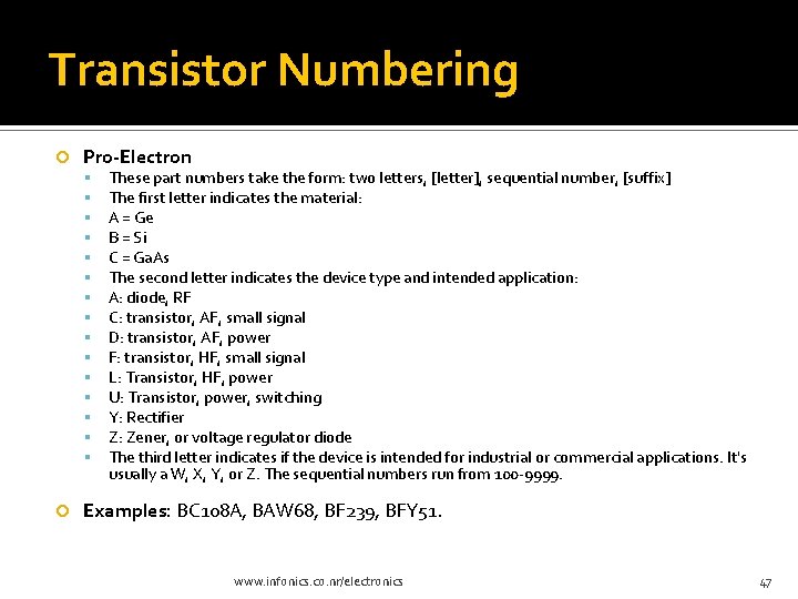 Transistor Numbering Pro-Electron These part numbers take the form: two letters, [letter], sequential number,