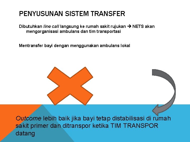 PENYUSUNAN SISTEM TRANSFER Dibutuhkan line call langsung ke rumah sakit rujukan NETS akan mengorganisasi