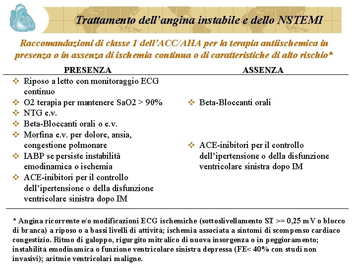Trattamento dell’angina instabile e dello NSTEMI Raccomandazioni di classe 1 dell’ACC/AHA per la terapia