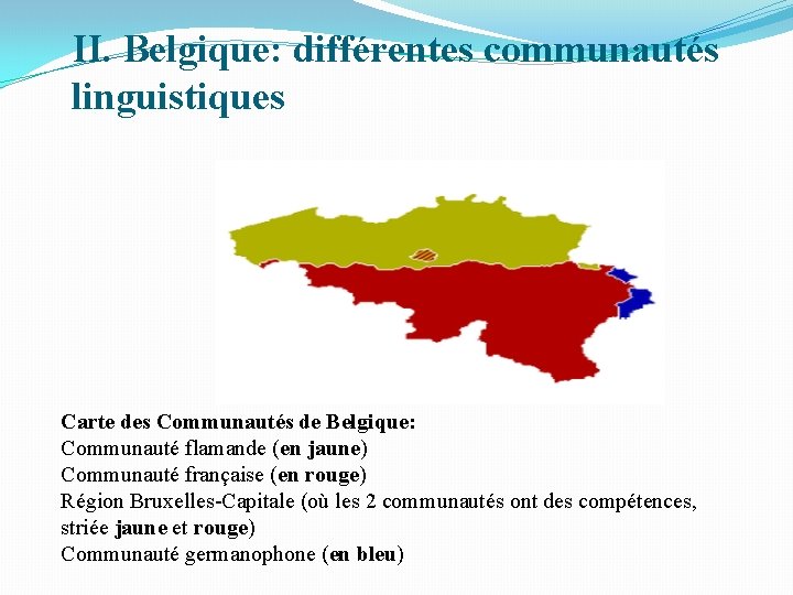 II. Belgique: différentes communautés linguistiques Carte des Communautés de Belgique: Communauté flamande (en jaune) II. Belgique: différentes communautés linguistiques Carte des Communautés de Belgique: Communauté flamande (en jaune)