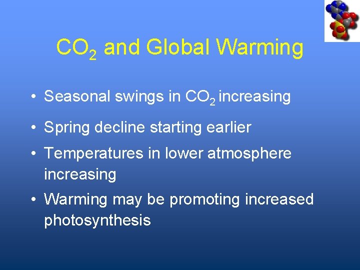 CO 2 and Global Warming • Seasonal swings in CO 2 increasing • Spring