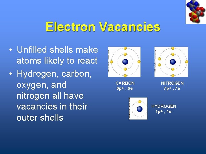 Electron Vacancies • Unfilled shells make atoms likely to react • Hydrogen, carbon, oxygen,