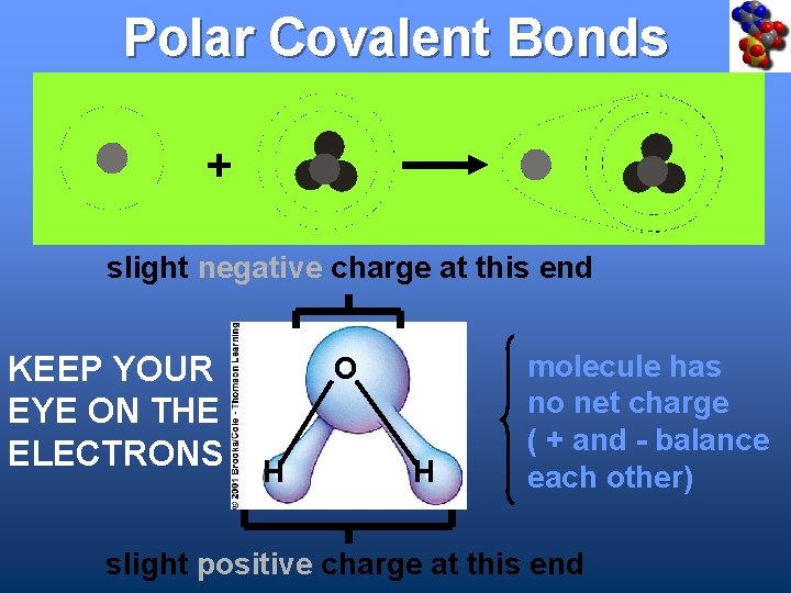 Polar Covalent Bonds + slight negative charge at this end KEEP YOUR EYE ON