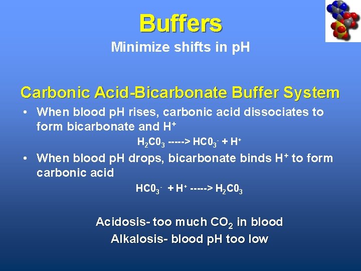 Buffers Minimize shifts in p. H Carbonic Acid-Bicarbonate Buffer System • When blood p.
