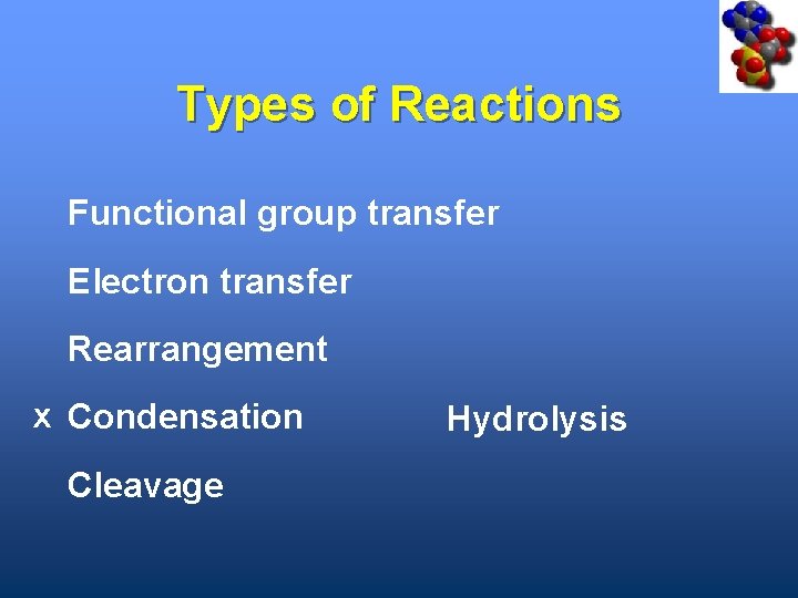 Types of Reactions Functional group transfer Electron transfer Rearrangement x Condensation Cleavage Hydrolysis 