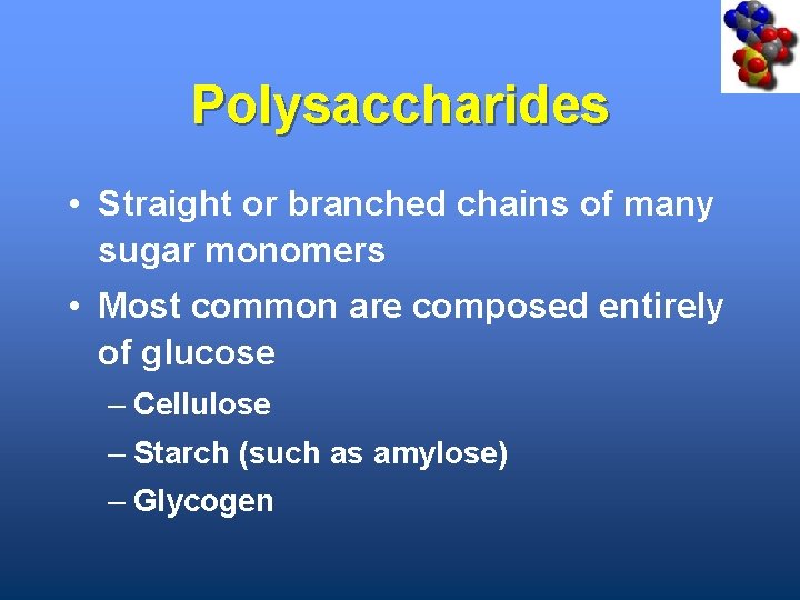 Polysaccharides • Straight or branched chains of many sugar monomers • Most common are