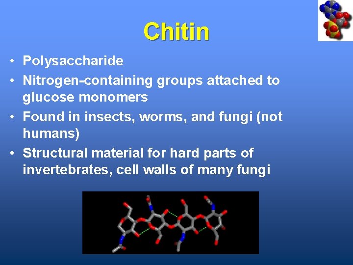 Chitin • Polysaccharide • Nitrogen-containing groups attached to glucose monomers • Found in insects,